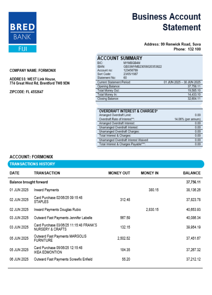 Relevé de compte du cabinet bancaire Bred Format Word et PDF